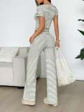 Women Athletic Striped Button Short-Sleeved Top and Pants Two-Piece Set