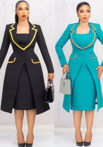 Women Elegant Turndown Collar Stretchy Blazer Dress Two-Piece Set Women Elegant Turndown Collar Stretchy Blazer Dress Two-Piece Set