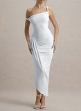 Women slash shoulder strap, sexy pleated irregular maxi dress