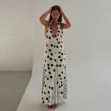 Women Summer Sexy V-Neck Lace-Up Polka Dot Patchwork Backless Maxi Dress