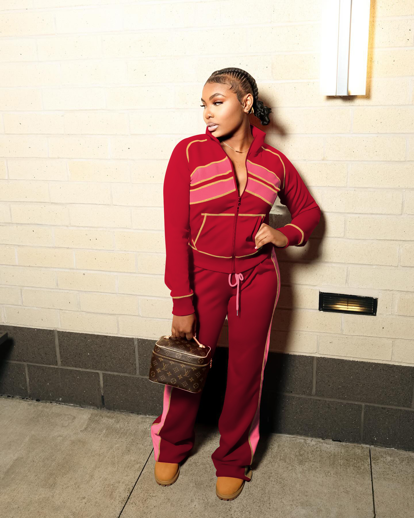 Women Sporty Casual Autumn/Winter Colorblock Long-Sleeved Top and Pant Two-Piece Set