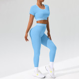 Women Contrast Color Running Fitness Top and Pants Two-Piece Set