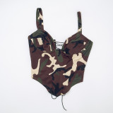 Women Spring/Summer Strapless Lace-Up Camouflage Gathered Top and Pants Two-Piece Set