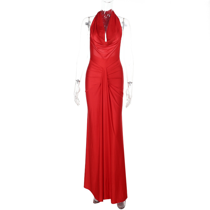 Women Sexy Backless Halter Neck Pocket Neck Maxi Dress