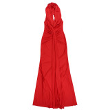 Women Sexy Backless Halter Neck Pocket Neck Maxi Dress