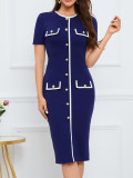 Women Contrast Button Round Neck Short-Sleeved Knitting Dress