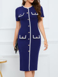 Women Contrast Button Round Neck Short-Sleeved Knitting Dress