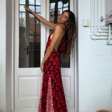 Women Summer Sexy V-Neck Lace-Up Polka Dot Patchwork Backless Maxi Dress