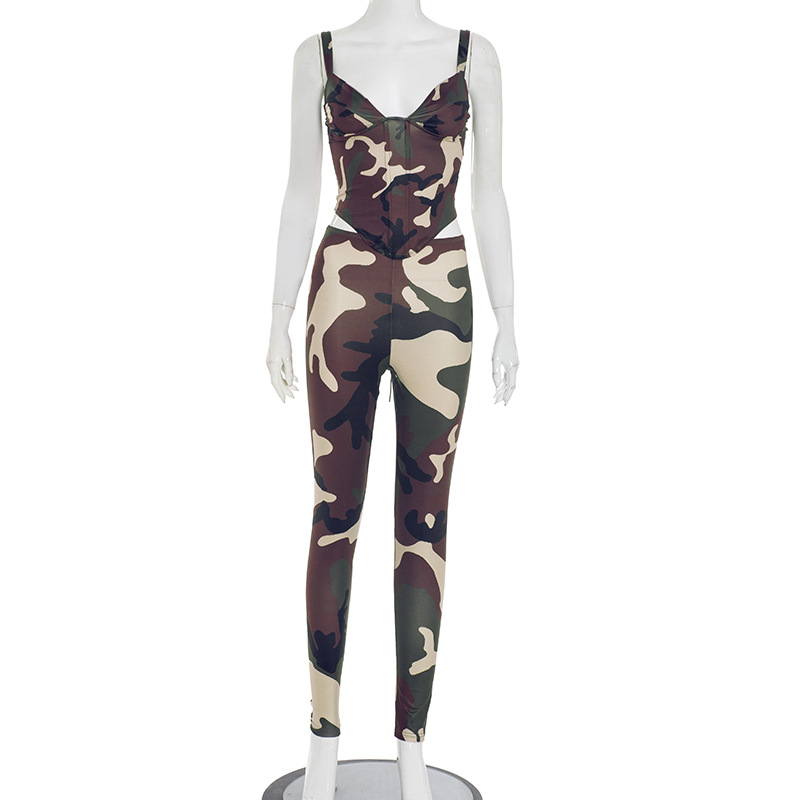 Women Spring/Summer Strapless Lace-Up Camouflage Gathered Top and Pants Two-Piece Set