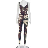 Women Spring/Summer Strapless Lace-Up Camouflage Gathered Top and Pants Two-Piece Set