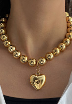 Women gold beaded clavicle necklace, summer heart print pendant necklace