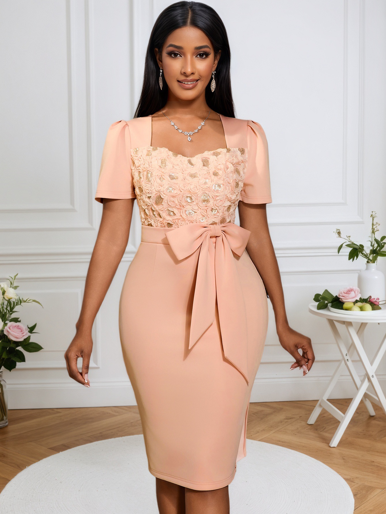 Women's Rose Square Neck Bow Slim Waist Formal Party Bodycon Dress