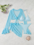 Long Sleeve Beach Cover-Up Sun Protection Women Four-Piece Ruffle Trim Swimsuit Set