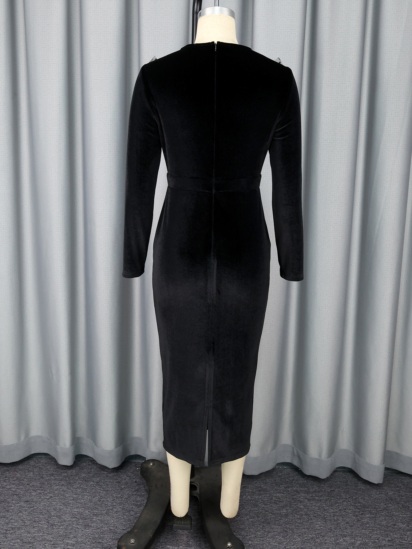 Round Neck See-Through Velvet Dress Sexy Mesh Patchwork Long Sleeve Slim Bodycon Evening Dress