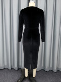 Round Neck See-Through Velvet Dress Sexy Mesh Patchwork Long Sleeve Slim Bodycon Evening Dress