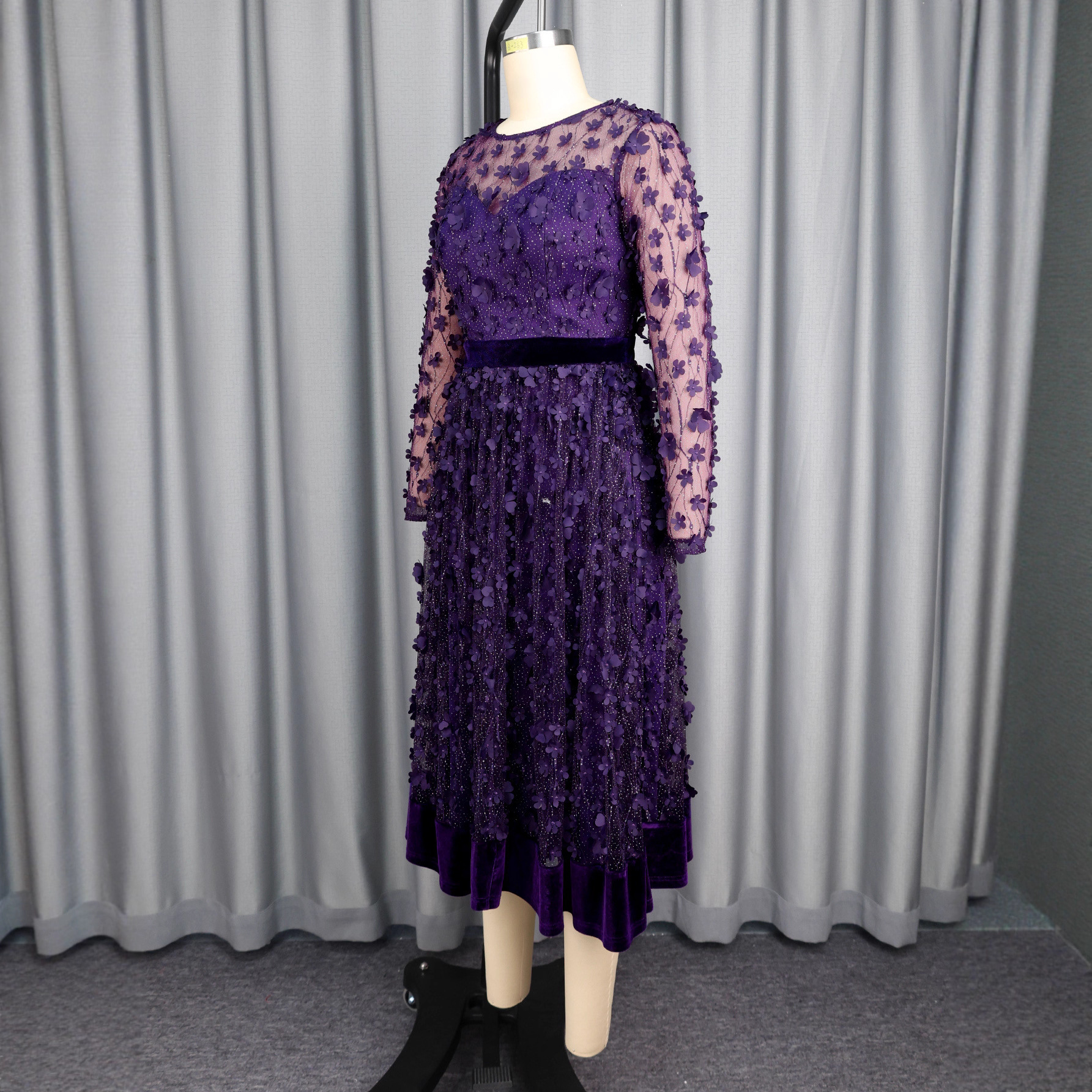 Round Neck Mesh Long Sleeve Dress Velvet Slim Waist A-Line Formal Party Midi Dress