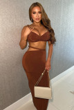 Casual Strap Crop Top High-Waist Hollow Long Skirt Two-Piece Set