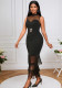 High Neck See-Through Sexy Mesh Patchwork Sleeveless Bodycon Fringe Slim Chic Formal Party Dress