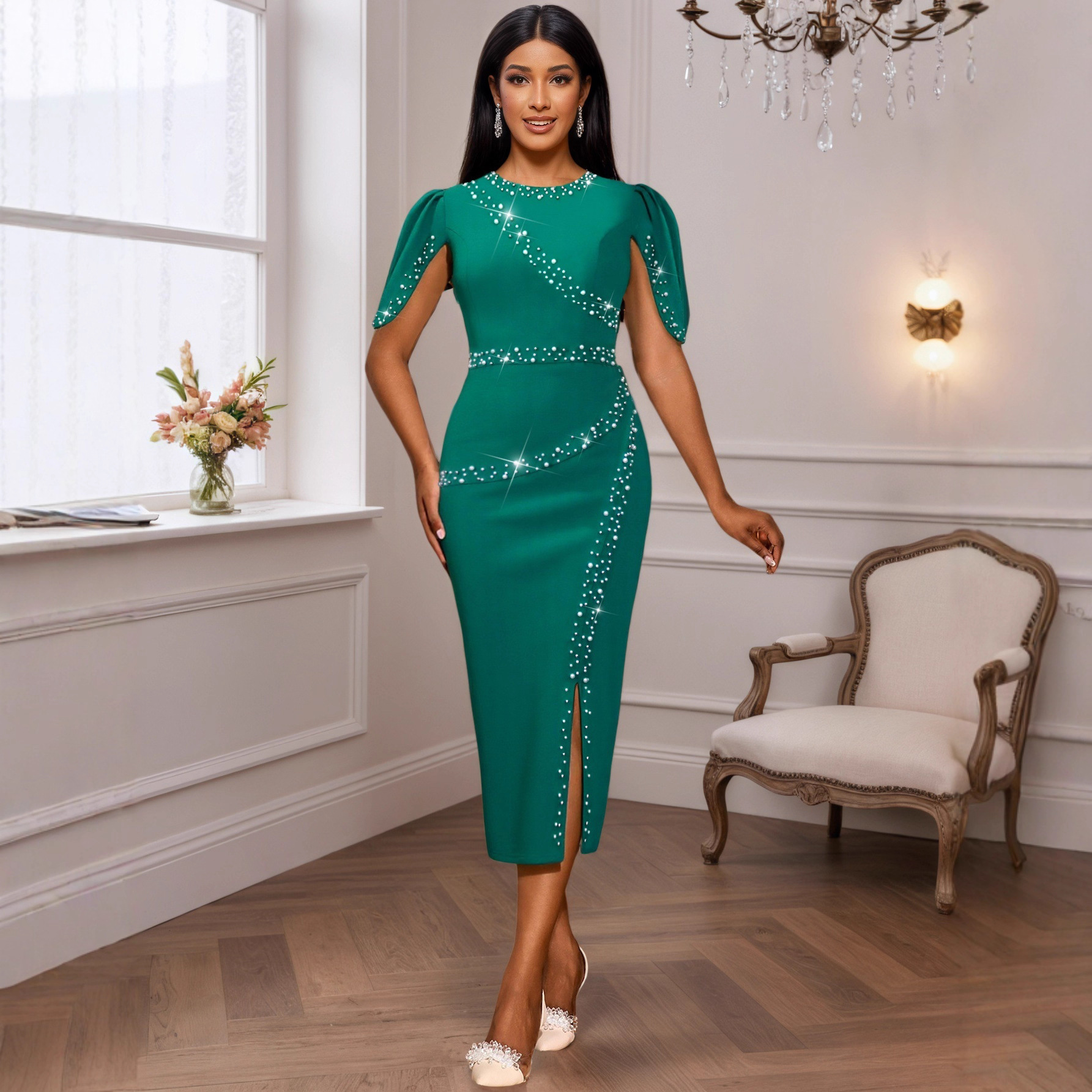 Women's Round Neck Ruffle Sleeve Beaded Slim Waist Slit Bodycon Formal Party Dress