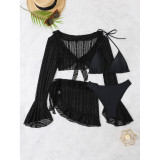 Long Sleeve Beach Cover-Up Sun Protection Women Four-Piece Ruffle Trim Swimsuit Set