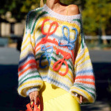 Women's Spring Rainbow Color Block Striped Sweater Loose Knit Pullover Top