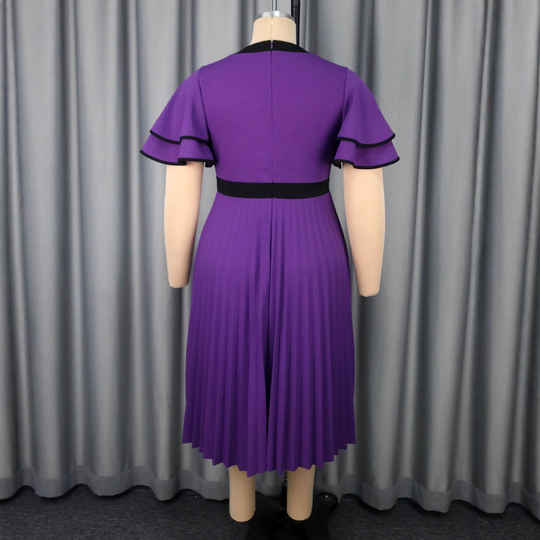 Plus Size Elegant Round Neck Bow Ruffle Sleeve Slim Waist Pleated Party Dresses