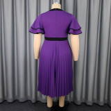 Plus Size Elegant Round Neck Bow Ruffle Sleeve Slim Waist Pleated Party Dresses