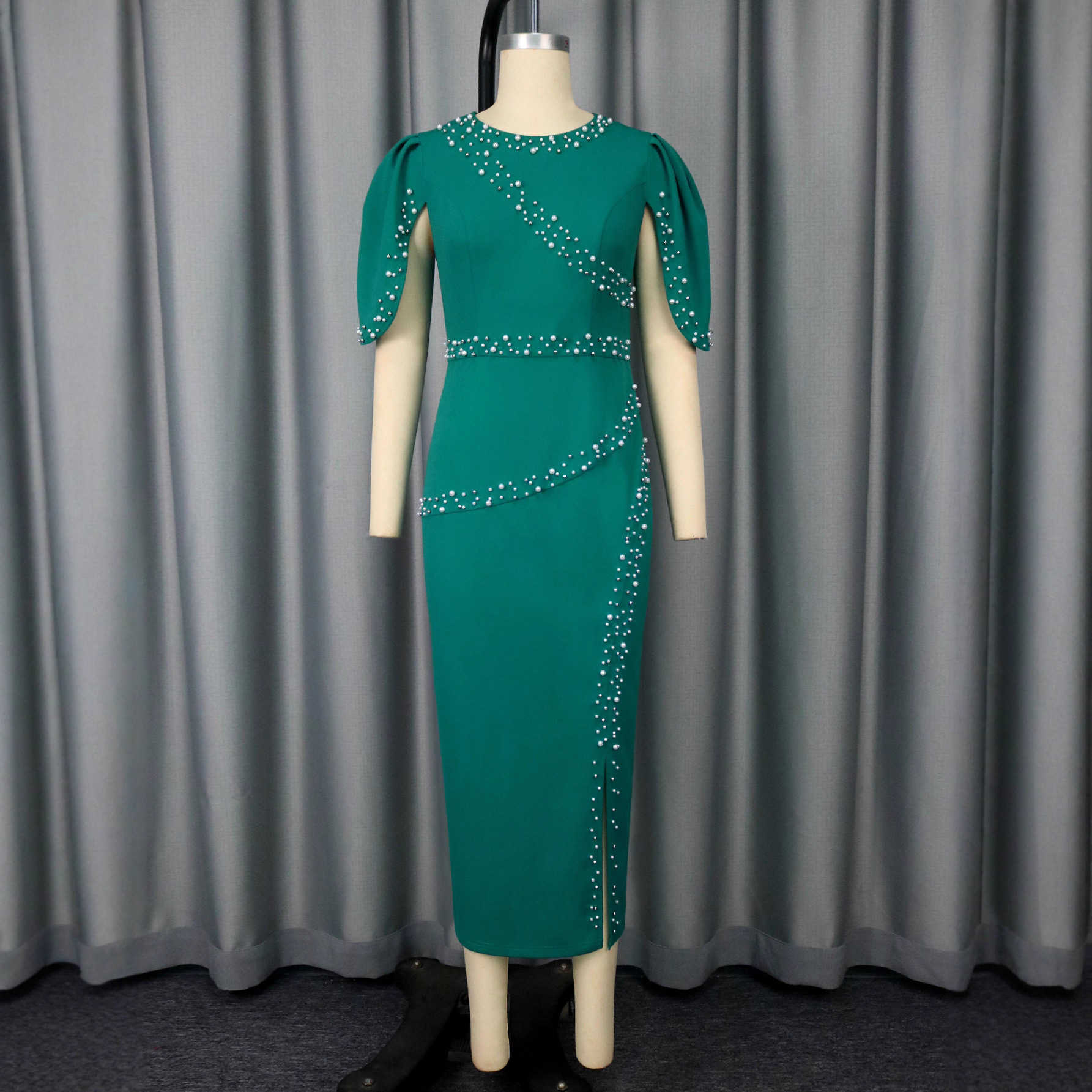 Women's Round Neck Ruffle Sleeve Beaded Slim Waist Slit Bodycon Formal Party Dress