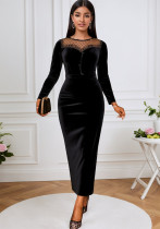 Round Neck See-Through Velvet Dress Sexy Mesh Patchwork Long Sleeve Slim Bodycon Evening Dress Round Neck See-Through Velvet Dress Sexy Mesh Patchwork Long Sleeve Slim Bodycon Evening Dress