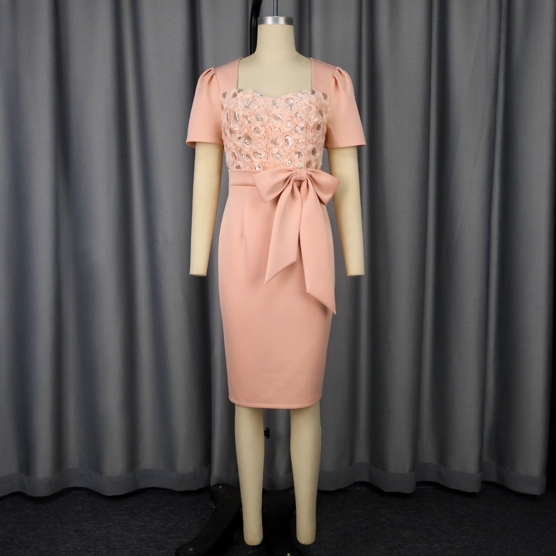 Women's Rose Square Neck Bow Slim Waist Formal Party Bodycon Dress