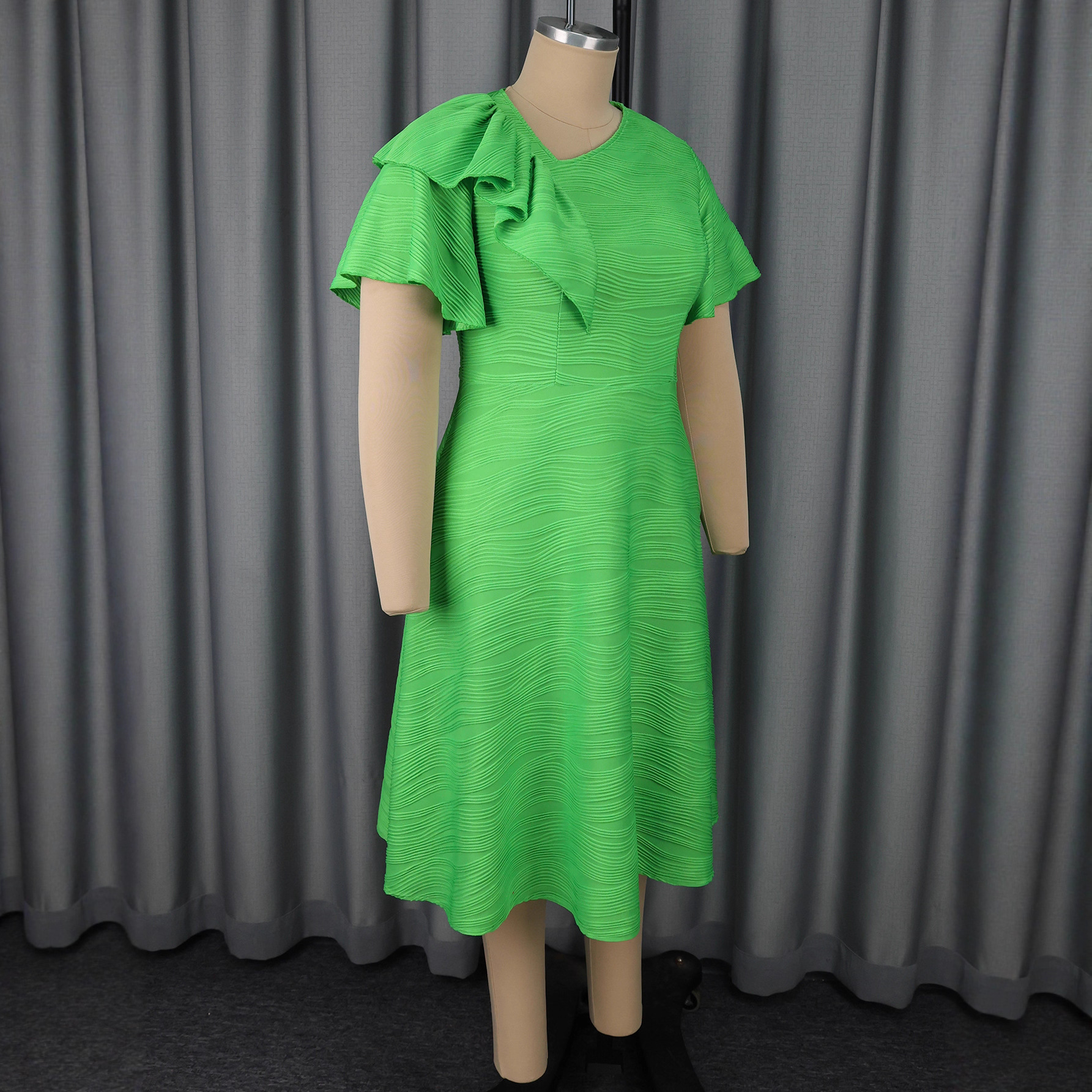 Fashion Water Wave Slash Shoulder Party Dress Asymmetric Ruffle Slim Waist A-Line Dress