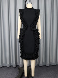 Fashion Women's Stand Collar Ruffle Sleeveless Slim Formal Party Dress