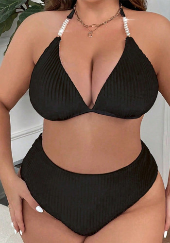 Strappy Halter Neck Plus Size Beach Swimsuit Solid Color High-Waist Sexy Bikini