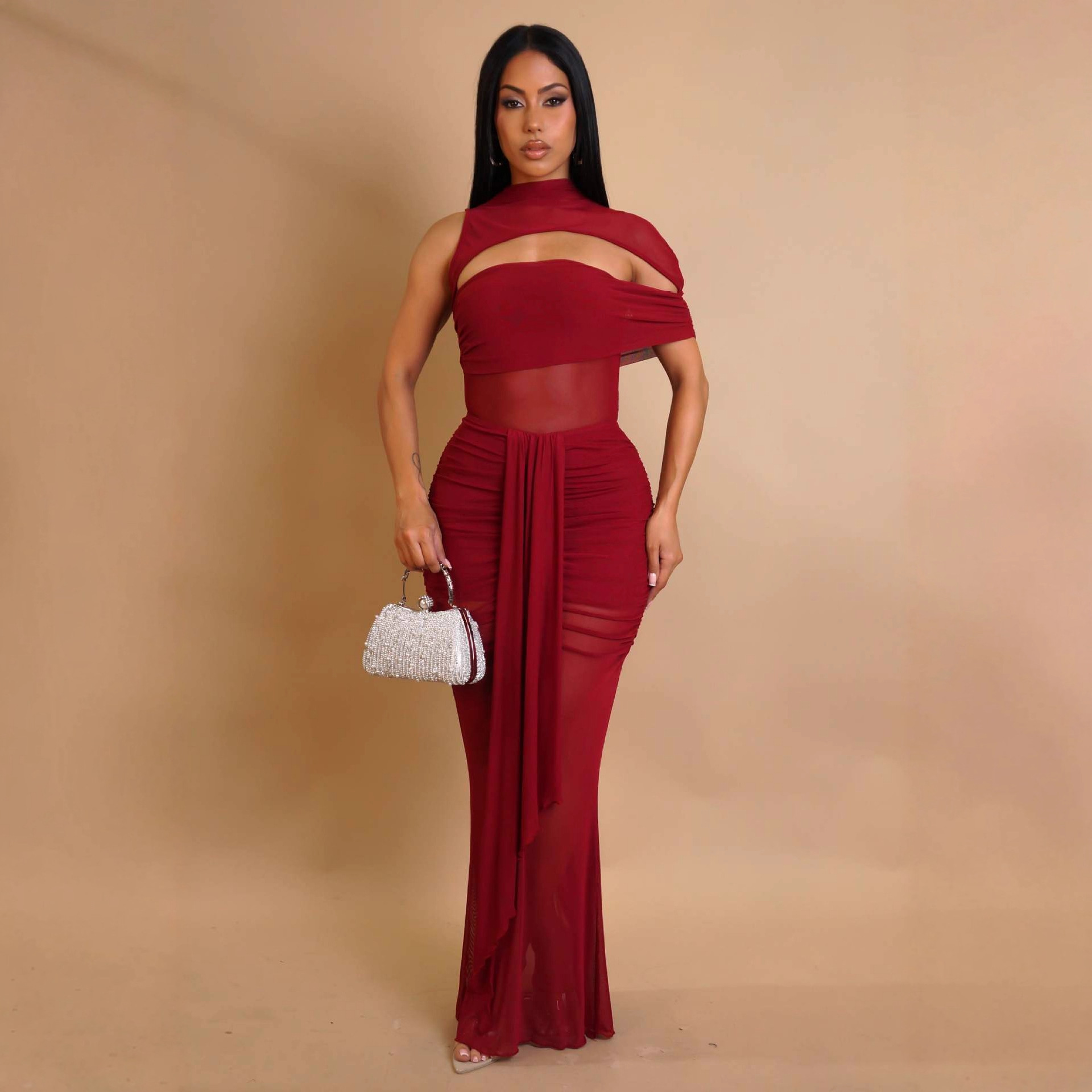 Casual Off-Shoulder Sexy Hollow See-Through Mesh Ruffle Bodycon Dress Set