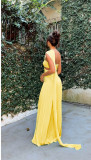 Women Strapless Pleated Ribbon Slit Dress