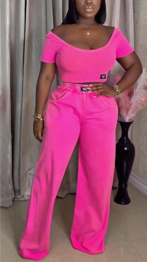 Summer Women's Solid Color Round Neck Short Sleeve Top Casual Pants Set