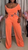 Summer Women's Solid Color Round Neck Short Sleeve Top Casual Pants Set