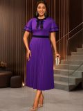 Plus Size Elegant Round Neck Bow Ruffle Sleeve Slim Waist Pleated Party Dresses