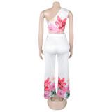 Women Elegant Stretchy Slash Shoulder Top and Wide Leg Pants Two Piece Set