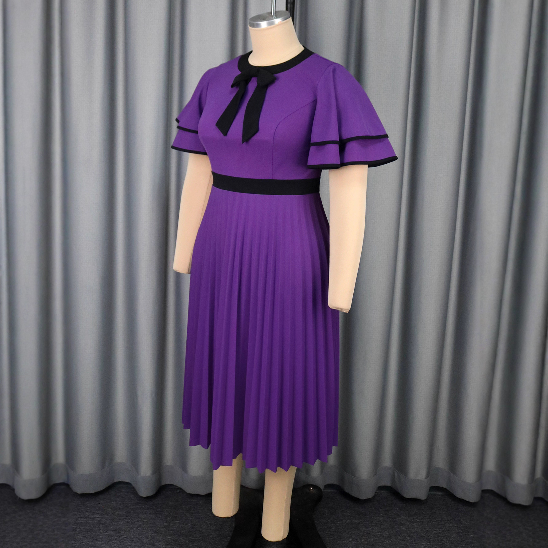 Plus Size Elegant Round Neck Bow Ruffle Sleeve Slim Waist Pleated Party Dresses