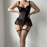 Fishnet Lace-Up exy Ruffle Trim Lingerie with Stockings Three-Piece Set