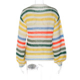 Women's Spring Rainbow Color Block Striped Sweater Loose Knit Pullover Top