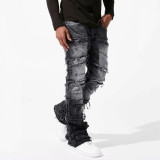 Street Fashion Men's Straight Leg Elastic Patch Denim Pants