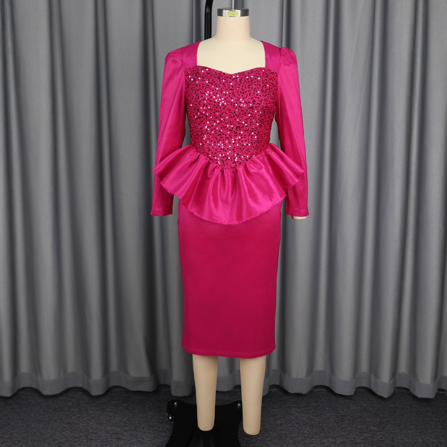 Fashion Square Neck Sequin Dress Long Sleeve Slim Waist Ruffle Bodycon Evening Party Dress