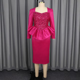 Fashion Square Neck Sequin Dress Long Sleeve Slim Waist Ruffle Bodycon Evening Party Dress