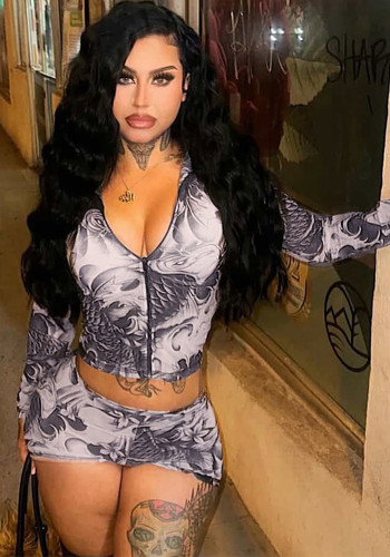 Women's Summer Autumn Zipper Round Neck See-Through Print Long Sleeve Two Piece Shorts Set