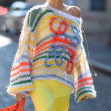 Women's Spring Rainbow Color Block Striped Sweater Loose Knit Pullover Top