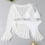 Long Sleeve Beach Cover-Up Sun Protection Women Four-Piece Ruffle Trim Swimsuit Set