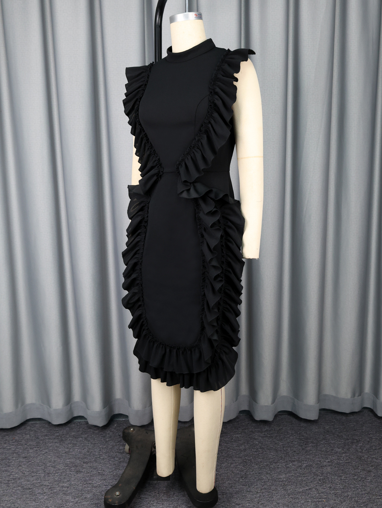 Fashion Women's Stand Collar Ruffle Sleeveless Slim Formal Party Dress