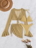 Long Sleeve Beach Cover-Up Sun Protection Women Four-Piece Ruffle Trim Swimsuit Set